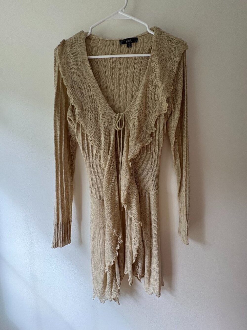 Sioni Beige Open Knit Ruffle Draped Tie Front Longline Cardigan Sweater Size M